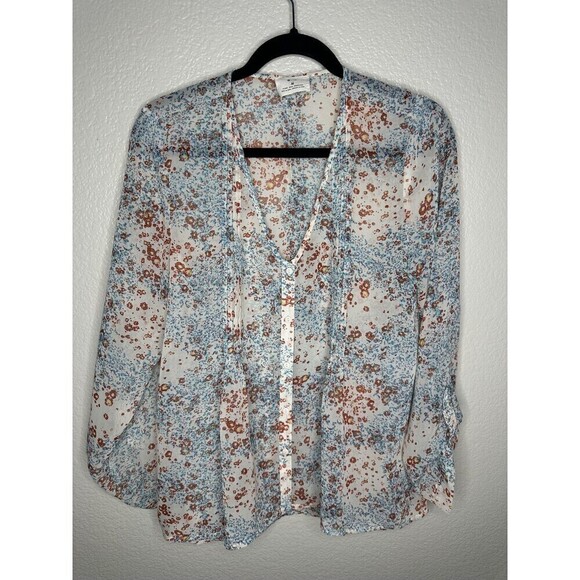 Pins and Needles Tops - Pins and Needles Shirt Womens Medium White Floral Sheer Button Front V Neck Boho